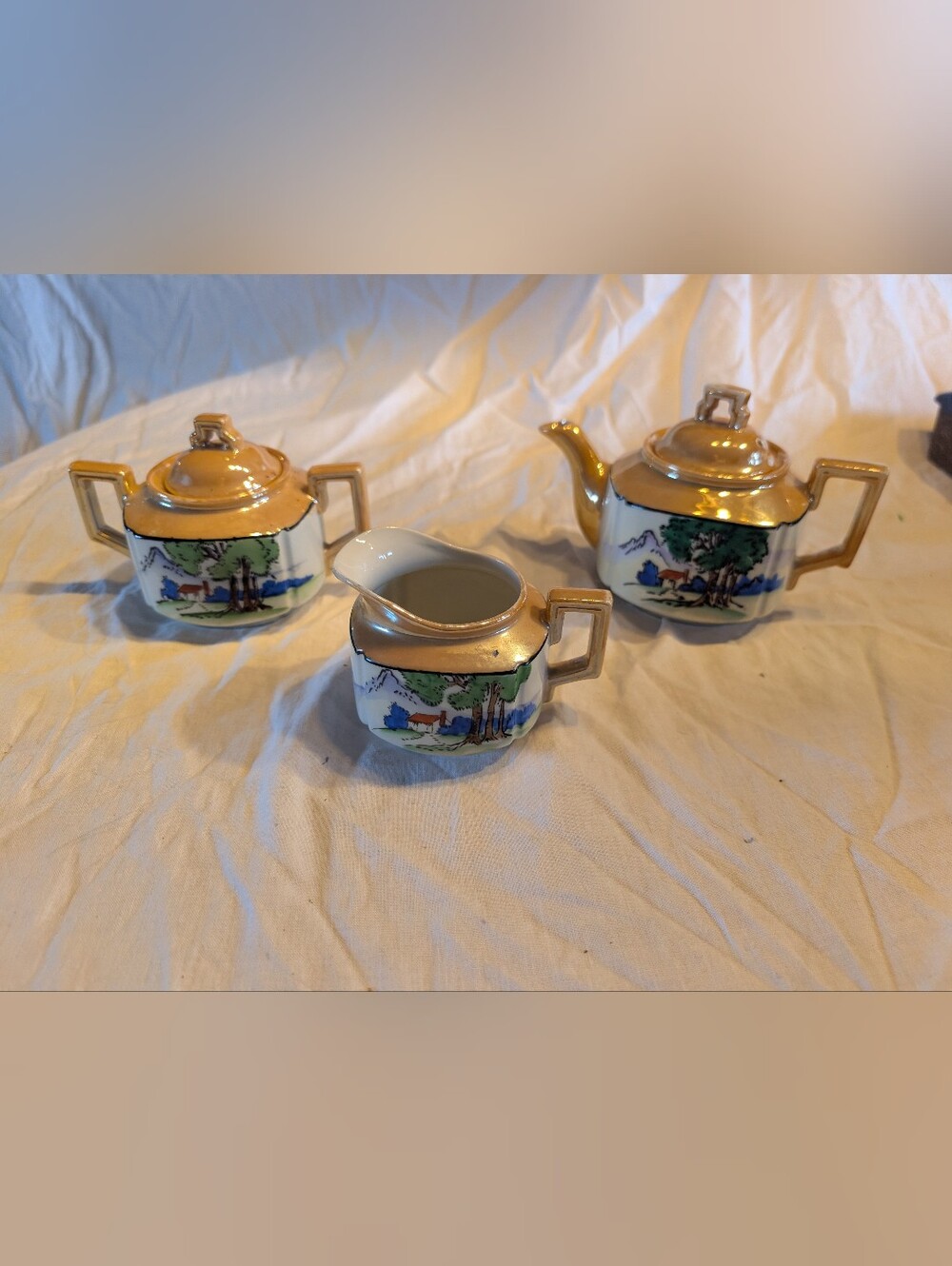 2/60$ Vintage Gold-Accented Porcelain full teapot set Hand-Painted Scenic